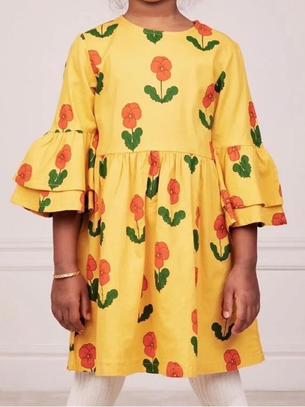 Mini Rodini Yellow Floral Tiered-Sleeve Dress 9 y.o.